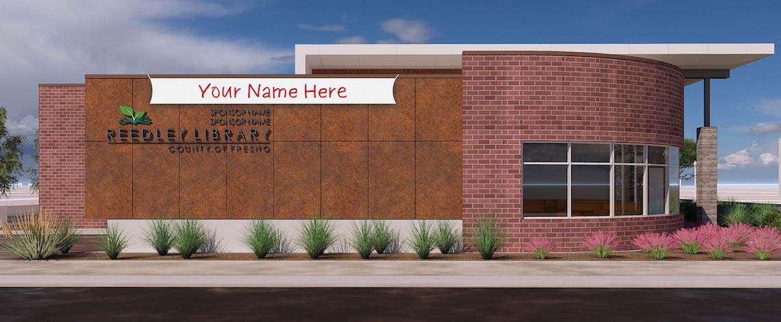 library building with a banner on the side that reads "your name here"