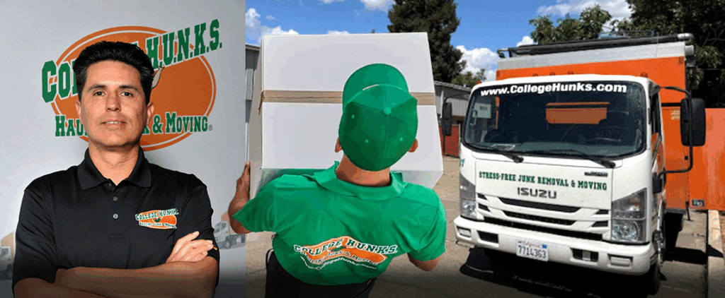 photo illustration with a man crossing his arms, another man carrying a box and a moving truck