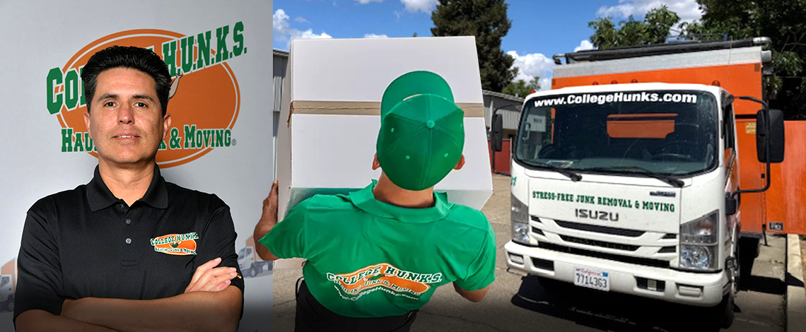 photo illustration with a man crossing his arms, another man carrying a box and a moving truck
