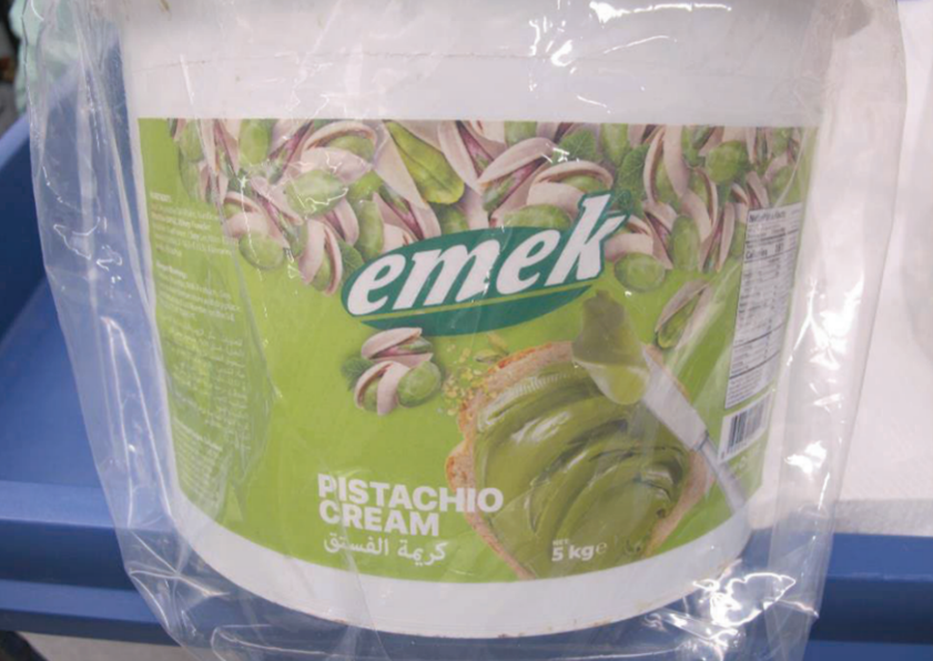 pistachio cream label on a tub