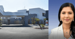 a women's portrait next to a hospital building