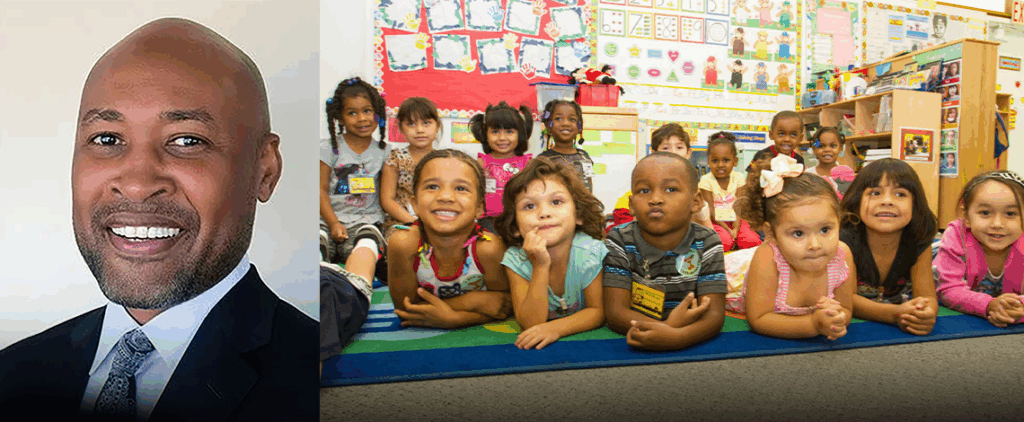 a man's picture next to young children