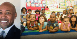 a man's picture next to young children