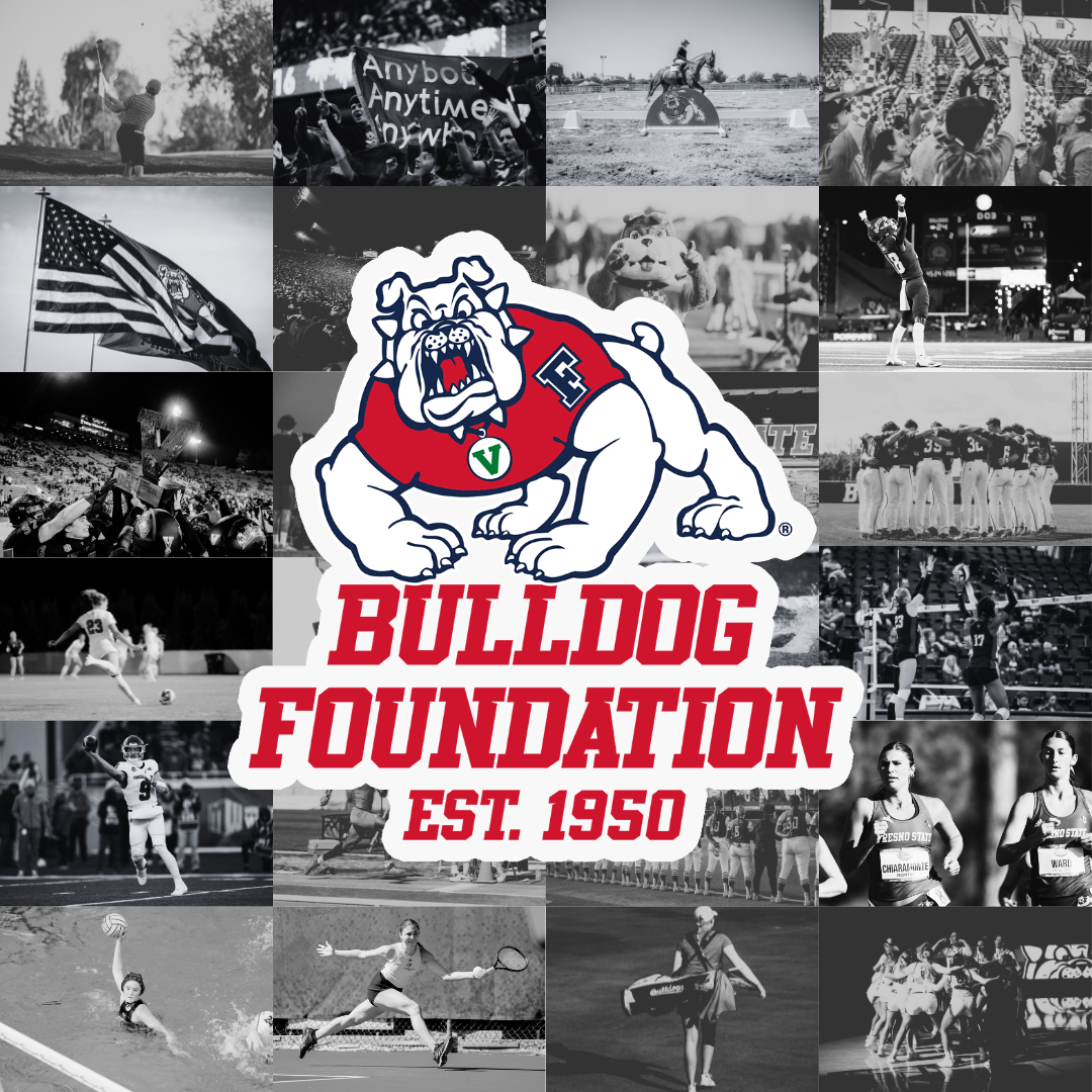 bulldog foundation logo over fresno state athletic montage