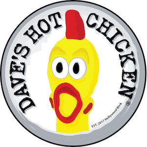 logo for "Dave's Hot Chicken" with a chicken face evocative of a rubber toy
