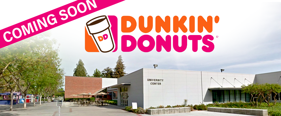 building with a dunkin donuts logo over it, and a "coming soon" banner