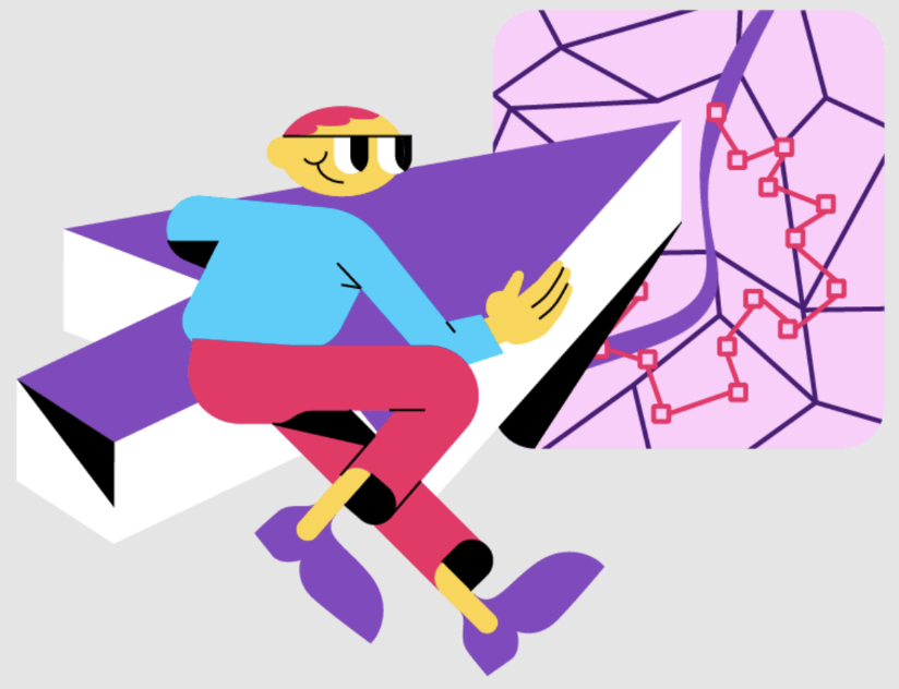 colorful carton character directing an arrow sign into a map