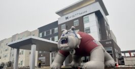 a four-story hotel building with a large inflatable bulldog in front of it