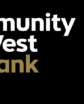 man in a suit and tie near a bank text logo "community west bank"