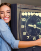a woman hugging a time clock