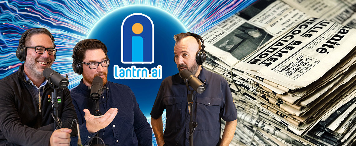 A graphic with three people with a logo and stacks of newspaper next to them