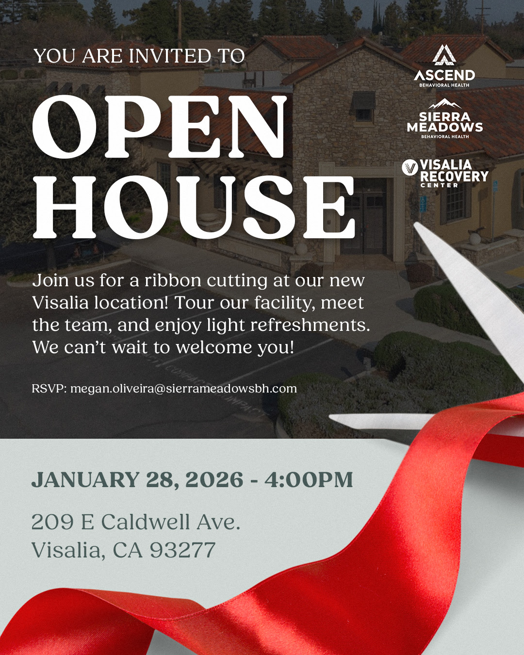 Open house infographic with event details and contact information. There is a pair of scissors cutting a red ribbon in the bottom right corner.