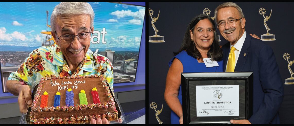 man with a cake and accepting award with his wife