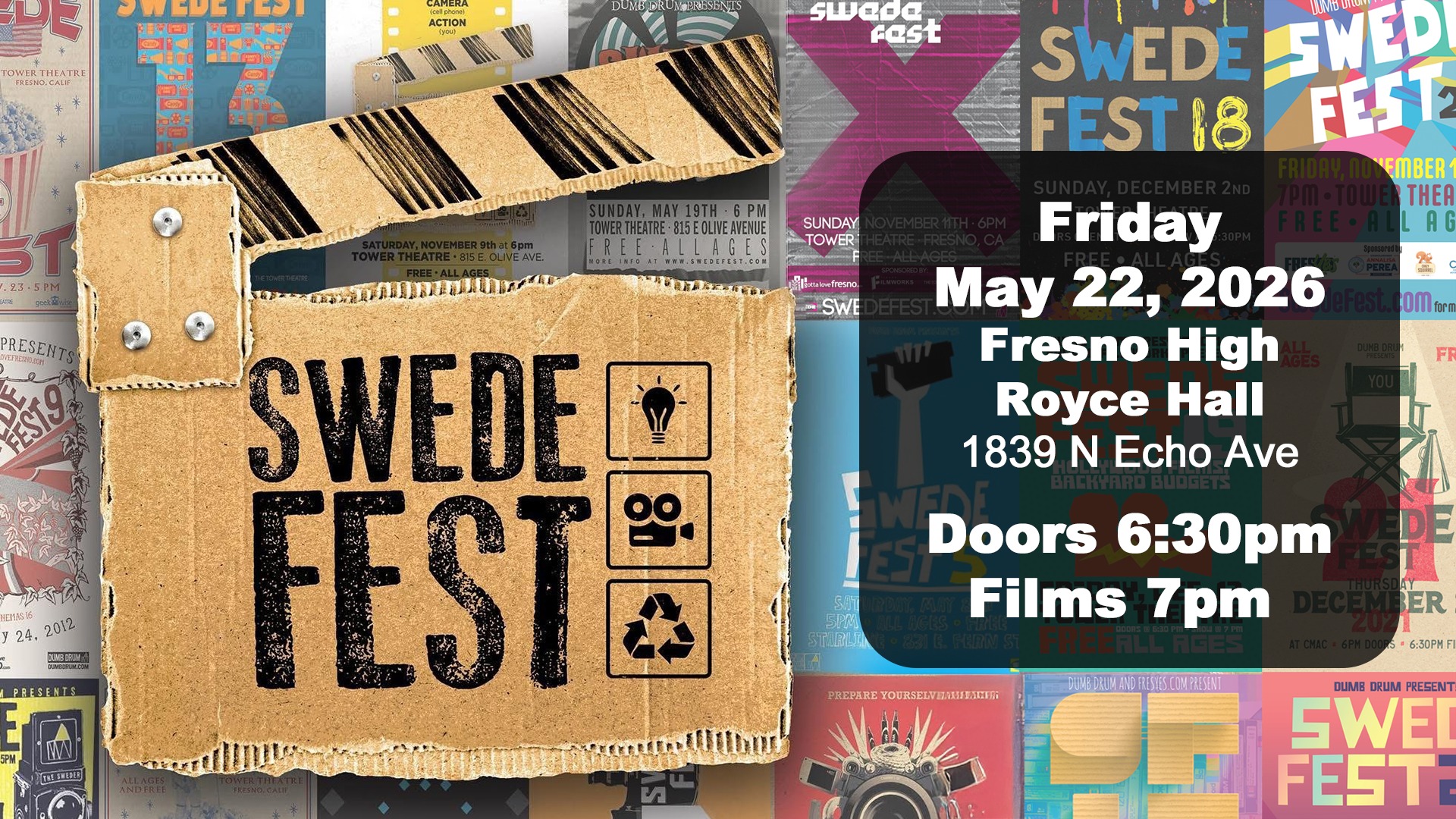 A cardboard film marker labeled Swede Fest next to the event details over a background made up of colorful film posters.