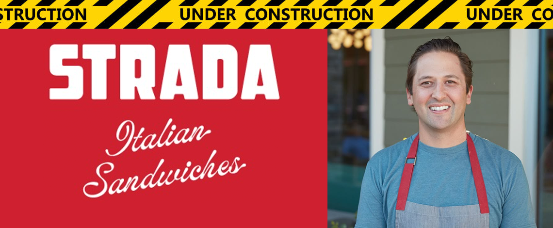 a restaurant sign with caution tape and a man smiling