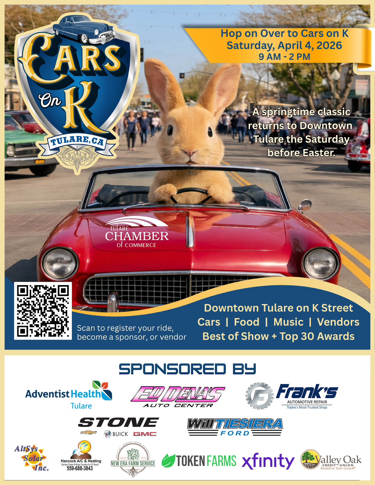 A flyer for Cars on K, An annual Downtown Tulare community event on Saturday, April 4th, 2026 from 9 a.m. to 2 p.m.