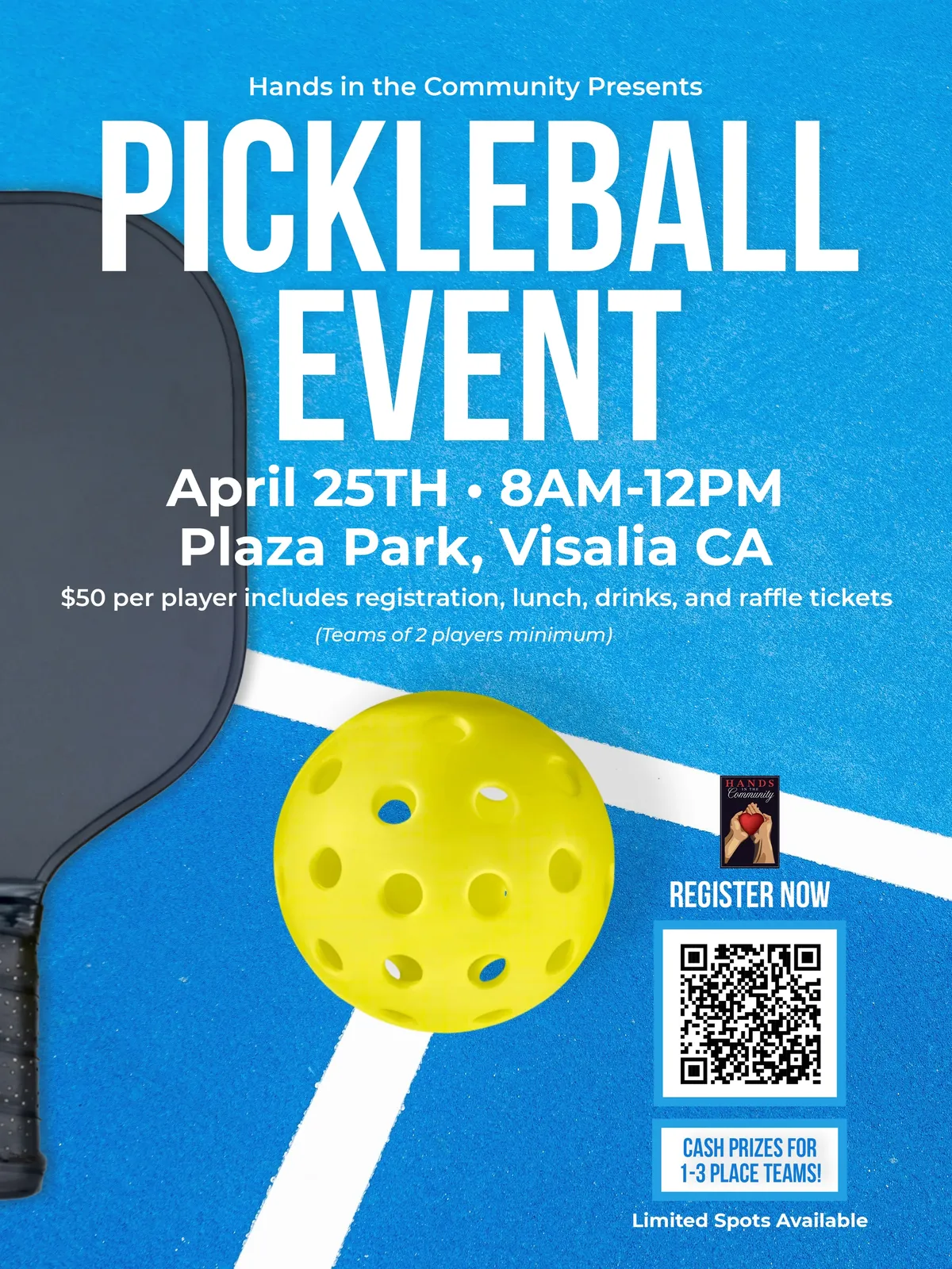 A flyer with an image of a pickleball and paddle behind the details of the event.