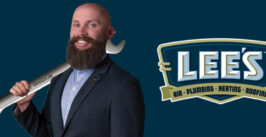 man holding a wrench next to a company logo for lee's air
