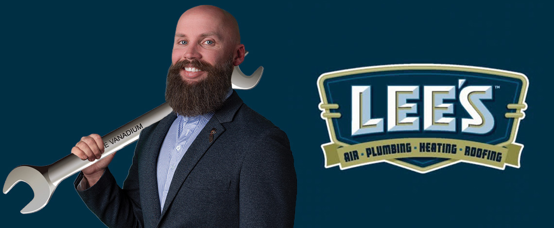 man holding a wrench next to a company logo for lee's air