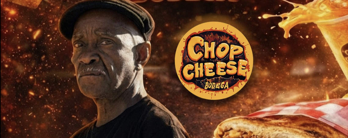 man next to a chop cheese bodega logo