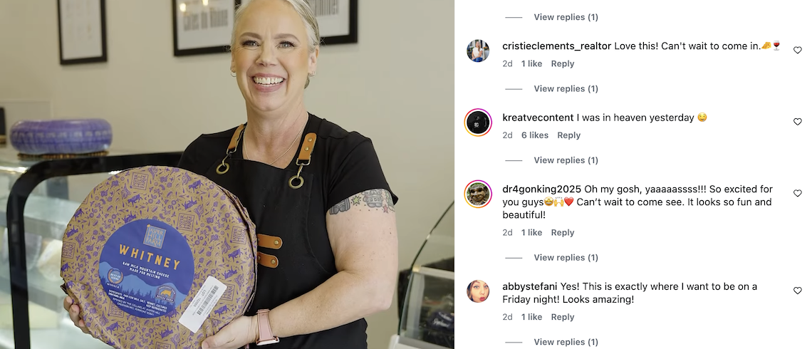 woman holding a cheese wheel with instagram comments to the right of her
