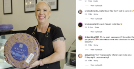 woman holding a cheese wheel with instagram comments to the right of her