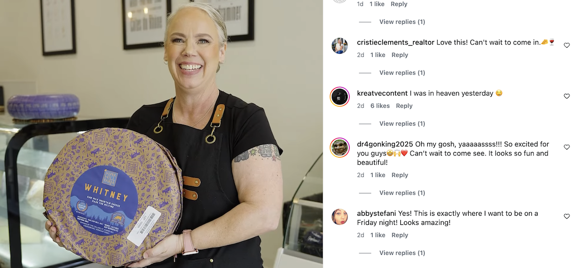woman holding a cheese wheel with instagram comments to the right of her