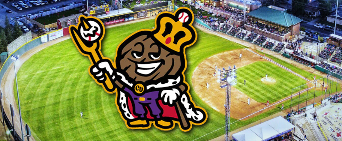 a steak mascot superimposed over a baseball field