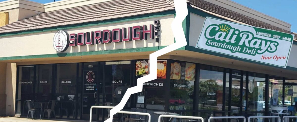 a building with two different banners with a photoshopped fracture