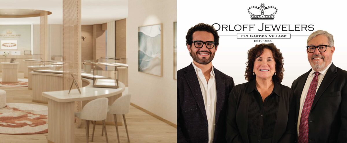 three people in a family next to a showroom for jewelry