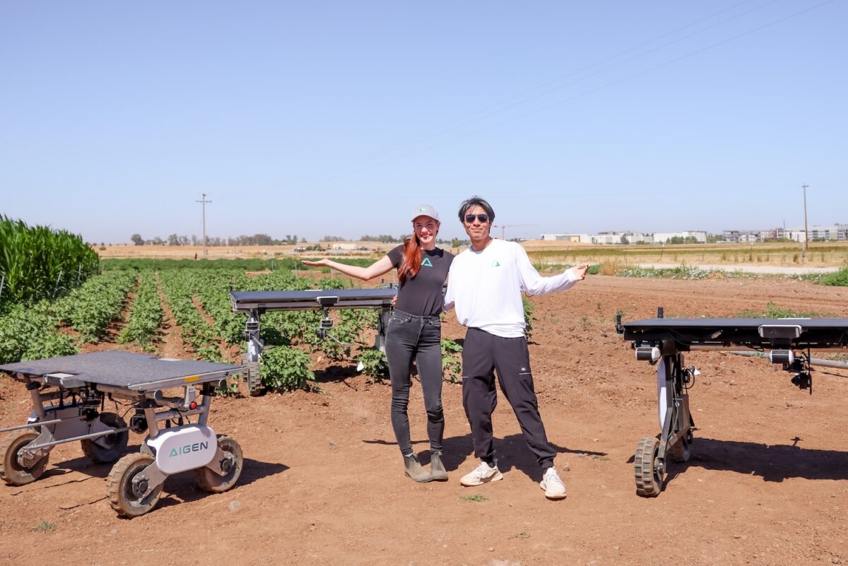two people posing in a farm field