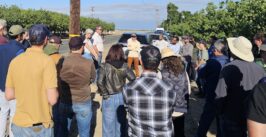 group of people outside a farm field