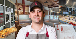 chef behind a restaurant collage.