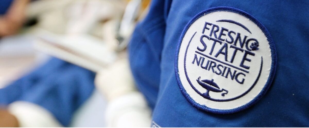 Fresno State nursing patch on nurse uniform.