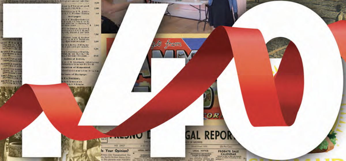 a banner with "140" on it against a backdrop of old newspapers and logos