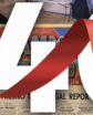 a banner with "140" on it against a backdrop of old newspapers and logos