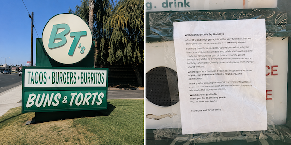 restaurant monument sign and closure notice posted on the drive thru menu sign