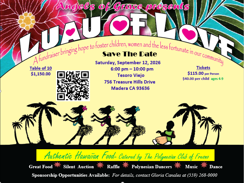 Angels of Grace "Luau of Love" fundraiser poster, September 12, 2026, at Tesoro Viejo in Madera, CA.