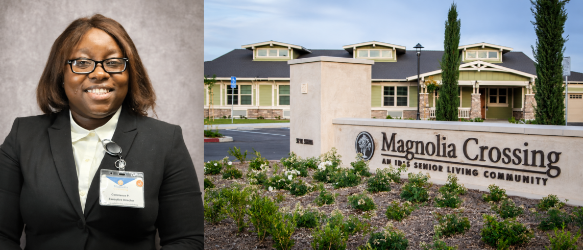 woman's headshot composite with a senior living facility exterior