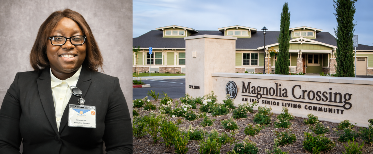 woman's headshot composite with a senior living facility exterior