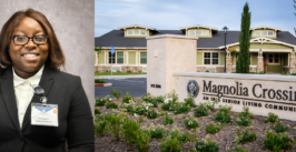 woman's headshot composite with a senior living facility exterior