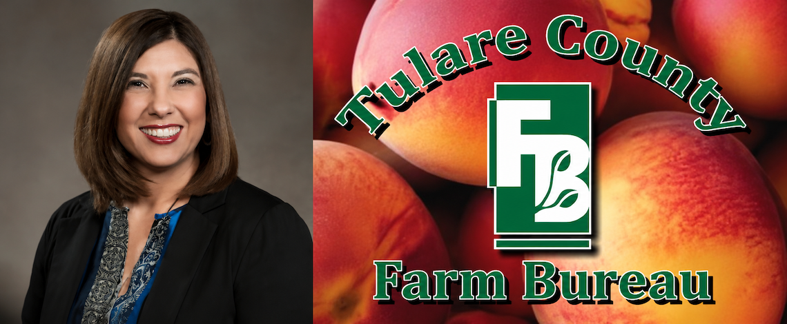 woman's headshot and then a logo with a fruit background
