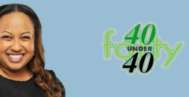a woman smiling against a light blue background and a 40 under 40 logo