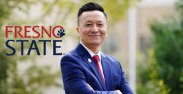 man's horizontal portrait with a fresno state logo on the left side