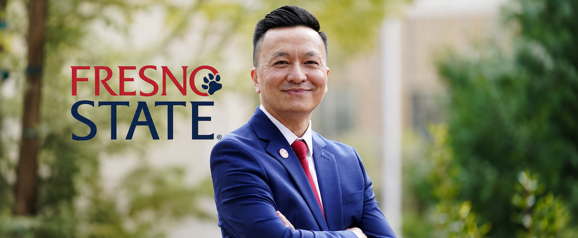 man's horizontal portrait with a fresno state logo on the left side