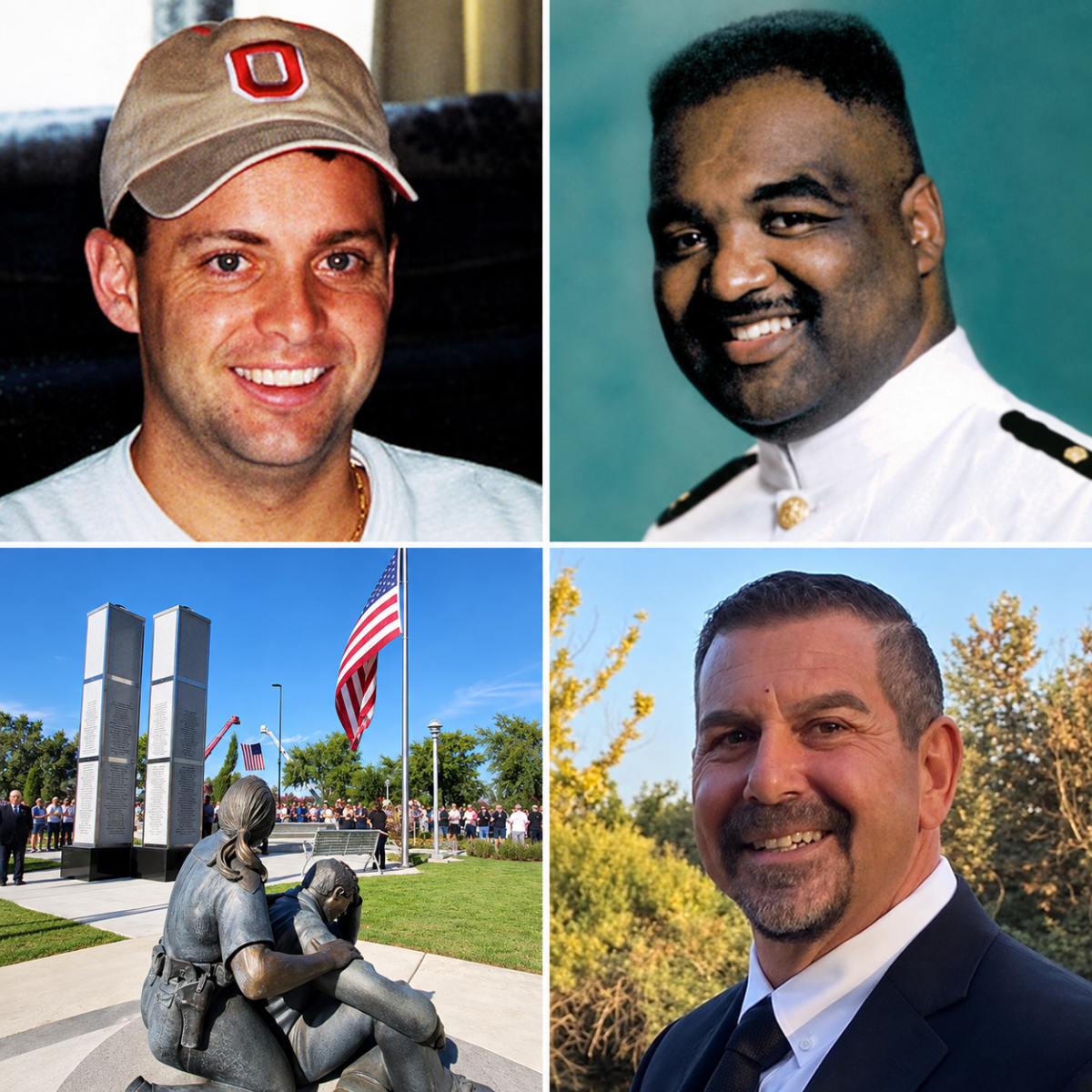 Four-panel collage marking the 25th anniversary of 9/11, featuring Todd Beamer, Lt. Cmdr. Otis Vincent Tolbert, former FDNY firefighter Andy Isolano and the California 9/11 Memorial in Clovis.
