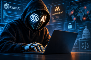 Hooded AI figure with robotic hands using a laptop, surrounded by cybersecurity imagery and OpenAI and Anthropic references.