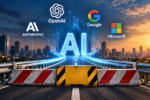 AI illustration showing a highway blocked by safety barriers, with OpenAI, Anthropic, Google and Microsoft logos above a glowing AI symbol.