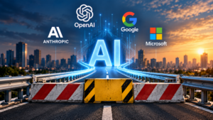 AI illustration showing a highway blocked by safety barriers, with OpenAI, Anthropic, Google and Microsoft logos above a glowing AI symbol.