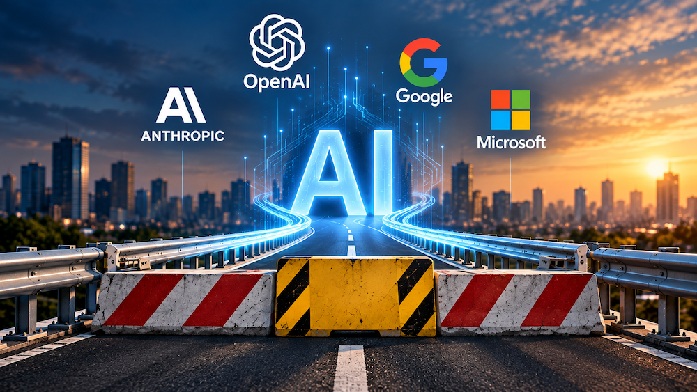 AI illustration showing a highway blocked by safety barriers, with OpenAI, Anthropic, Google and Microsoft logos above a glowing AI symbol.